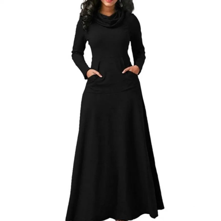2023 New Elegant Long Maxi Dress Autumn Winter Warm High Collar Women Long-sleeved Dress Woman Clothing With Pocket